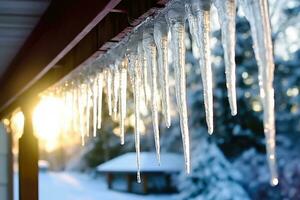 Nevado casa com pingentes de gelo dentro inverno - generativo ai foto