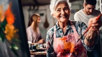 artístico Senior senhora com uma pincel - generativo ai foto