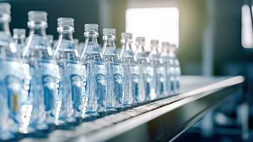 limpar \ limpo água garrafas dentro Produção linha - generativo ai foto
