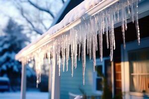 pingentes de gelo em casa cobertura dentro inverno - generativo ai foto