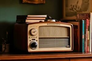 antiquado rádio exibido com livros - generativo ai foto