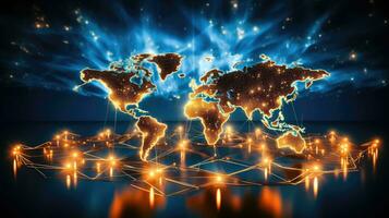 global conectividade - uma mundo mapa iluminado de a Internet e telecomunicação redes - generativo ai foto