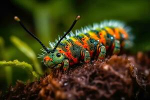 vibrante fechar-se do uma colorida lagarta dentro Está natural habitat - generativo ai foto