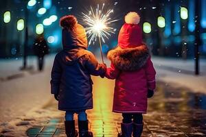 feliz crianças com estrelinhas - festivo inverno alegria - generativo ai foto