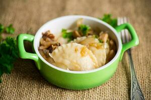 batata dumplings com cebola e cogumelos dentro uma placa. foto