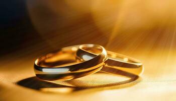 eterno União - brilhando ouro Casamento argolas dentro radiante luz - generativo ai foto
