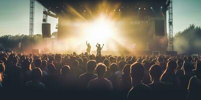 ai gerado. ai generativo. noite aberto ar show mostrar perfomance etapa viver música evento com muitos pessoas em volta. celebração Diversão festa delírio fundo. gráfico arte foto