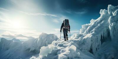 ai gerado. ai generativo. inverno neve gelo montanha caminhada caminhada exploração aventura ativo estilo de vida motivação panorama fundo. gráfico arte foto