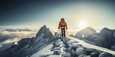 ai gerado. ai generativo. inverno neve gelo montanha caminhada caminhada exploração aventura ativo estilo de vida motivação panorama fundo. gráfico arte foto