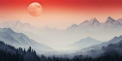 ai gerado. ai generativo. minimalista natureza ao ar livre panorama com montanhas colinas e cheio lua dentro vermelho vintage retro estilo. gráfico arte foto