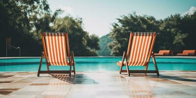 ai gerado. ai generativo. dois de madeira dezembro cadeiras às natação piscina. período de férias relaxante hotel tempo. gráfico arte foto