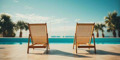 ai gerado. ai generativo. dois de madeira dezembro cadeiras às natação piscina. período de férias relaxante hotel tempo. gráfico arte foto