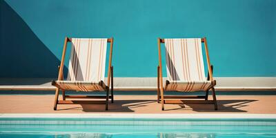 ai gerado. ai generativo. dois de madeira dezembro cadeiras às natação piscina. período de férias relaxante hotel tempo. gráfico arte foto