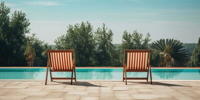 ai gerado. ai generativo. dois de madeira dezembro cadeiras às natação piscina. período de férias relaxante hotel tempo. gráfico arte foto