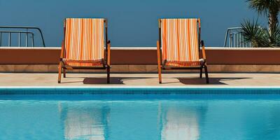 ai gerado. ai generativo. dois de madeira dezembro cadeiras às natação piscina. período de férias relaxante hotel tempo. gráfico arte foto