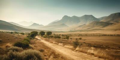 ai gerado. ai generativo. selvagem ao ar livre natureza sul África panorama fundo com montanhas e campo. gráfico arte foto