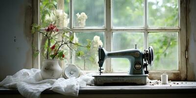ai gerado. ai generativo. vintage retro de costura máquina em janela com flores decorativo casa acolhedor fundo. gráfico arte foto