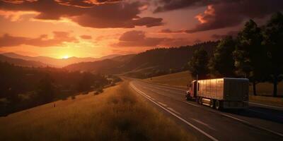 ai gerado. ai generativo. caminhão auto Móvel às estrada rodovia estacionamento com pôr do sol país lado panorama fundo. gráfico arte foto