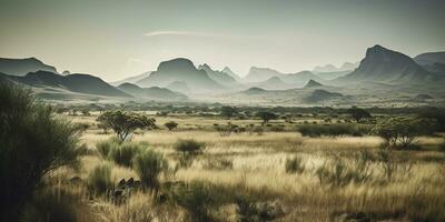 ai gerado. ai generativo. selvagem ao ar livre natureza sul África panorama fundo com montanhas e campo. gráfico arte foto