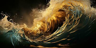 ai gerado. ai generativo. Sombrio Preto e amarelo respingo água mar oceano ondas decorativo fundo. gráfico arte foto