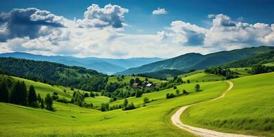 ai gerado. ai generativo. natureza ao ar livre panorama bacgkround com Colina montanha campo Prado campo e estrada. gráfico arte foto