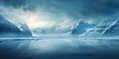 ai gerado. ai generativo. inverno gelo neve congeladas lago natureza ao ar livre fundo com montanhas panorama. gráfico arte foto