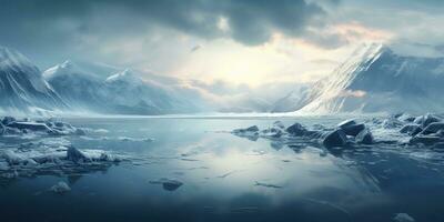 ai gerado. ai generativo. inverno gelo neve congeladas lago natureza ao ar livre fundo com montanhas panorama. gráfico arte foto