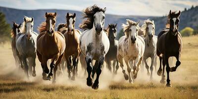 ai gerado. ai generativo. grupo do cavalos corrida ao ar livre natureza fundo. selvagem vida animal decoração. gráfico arte foto