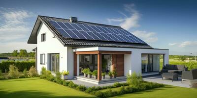 ai gerado. ai generativo. alternativo poder eletricidade telhado casa solar painel. moderno arquitetura prédio. gráfico arte foto