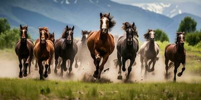 ai gerado. ai generativo. grupo do cavalos corrida ao ar livre natureza fundo. selvagem vida animal decoração. gráfico arte foto