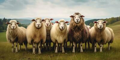 ai gerado. ai generativo. grupo do ovelhas em pé em Relva campo olhando às Câmera. gráfico arte foto