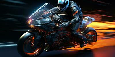 ai gerado. ai generativo. moto motociclista cavaleiro em esporte futuro motocicleta dentro movimento mover. cyberpunk synthwave vibe. gráfico arte foto