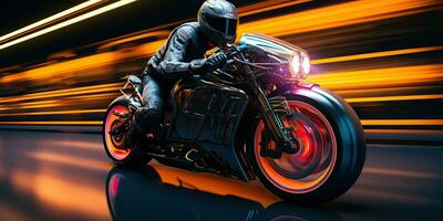 ai gerado. ai generativo. moto motociclista cavaleiro em esporte futuro motocicleta dentro movimento mover. cyberpunk synthwave vibe. gráfico arte foto