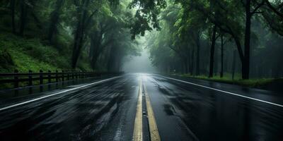 ai gerado. ai generativo. ao ar livre natureza Landsacpe floresta árvore estrada rodovia caminho panorama fundo. gráfico arte foto