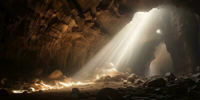 ai gerado. ai generativo. velho profundo caverna debaixo terra ver Sol raio luz a partir de acima. gráfico arte foto