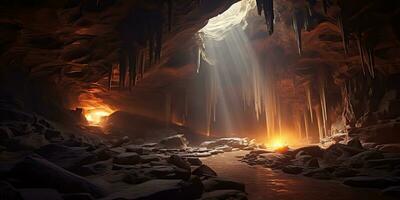 ai gerado. ai generativo. velho profundo caverna debaixo terra ver Sol raio luz a partir de acima. gráfico arte foto