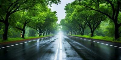 ai gerado. ai generativo. ao ar livre natureza Landsacpe floresta árvore estrada rodovia caminho panorama fundo. gráfico arte foto