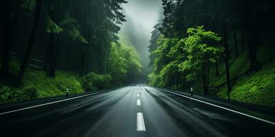 ai gerado. ai generativo. ao ar livre natureza Landsacpe floresta árvore estrada rodovia caminho panorama fundo. gráfico arte foto