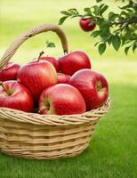 maduro vermelho maçãs dentro uma vime cesta em a verde Relva de ai gerado foto