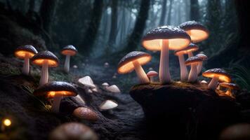 uma brilhando cogumelo dentro místico floresta ai gerado foto