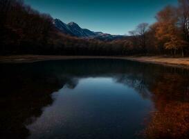 outono lago com montanha fundo ai gerado foto