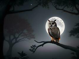 místico coruja dia das Bruxas em árvore com lua e floresta fundo ai gerado foto