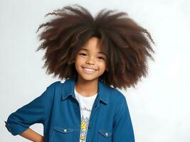 fofa despreocupado de aparência amigável Adolescência menina com afro Penteado sorridente amplamente com tímido, ai gerado foto