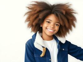 fofa despreocupado de aparência amigável Adolescência menina com afro Penteado sorridente amplamente com tímido, ai gerado foto