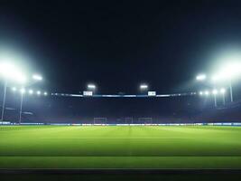 panorâmico Visão do futebol estádio. esvaziar noite futebol campo, ninguém, bandeira modelo, cópia de espaço. ai gerado foto