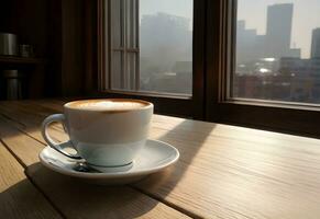 uma copo do café em mesa com janela fundo ai gerado foto