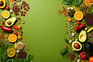 saudável natural Comida ingredientes com vários tipo do vegetal, fruta e sementes em mesa, seleção para Boa saúde. foto