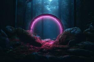 abstrato portal pedra portão com néon círculo brilhando luz dentro a Sombrio madeira floresta espaço panorama do cósmico, rochoso montanha pedra campo, espectro luz efeito. foto