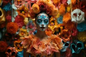 dia do a morto. mulher com açúcar crânio Maquiagem em uma floral fundo dentro a rua. ai gerado foto