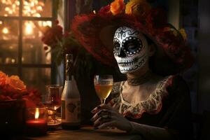 dia do a morto. mulher com açúcar crânio Maquiagem em uma floral fundo. ai gerado foto